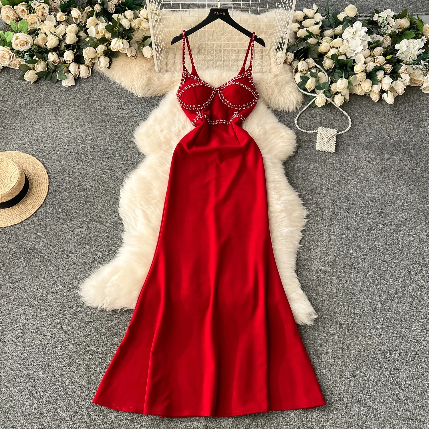 

Chic Rhine Stone Slip Dress French Sexy Elegant Party Luxury Robe Women Vintage Slim Trumpet Ceremonial Dress