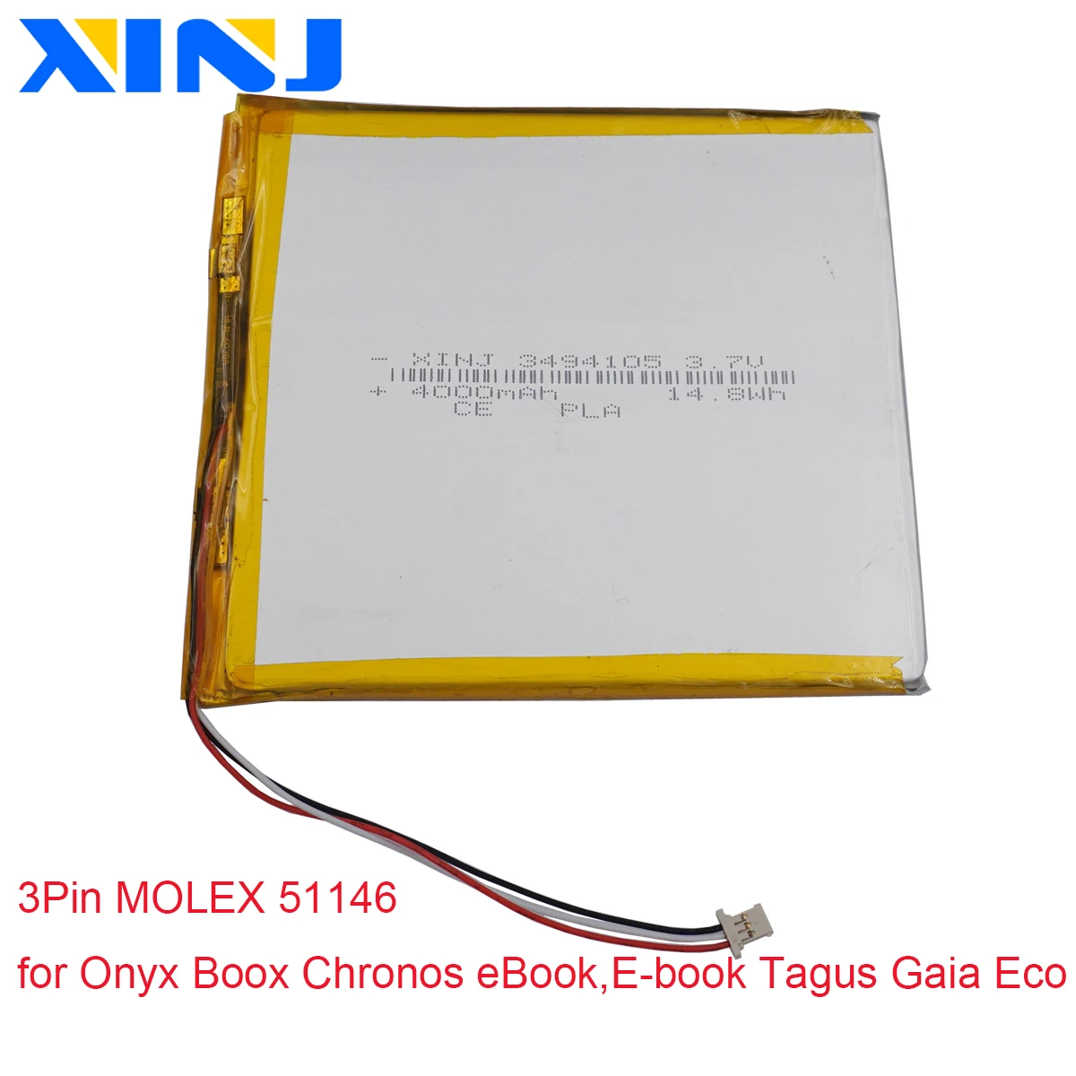 

3.7V 4000mAh 14.8Wh 3494105 3Pin MOLEX 51146 Polymer Li Lithium Lipo Battery For Onyx Boox Chronos eBook,E-book Tagus Gaia Eco