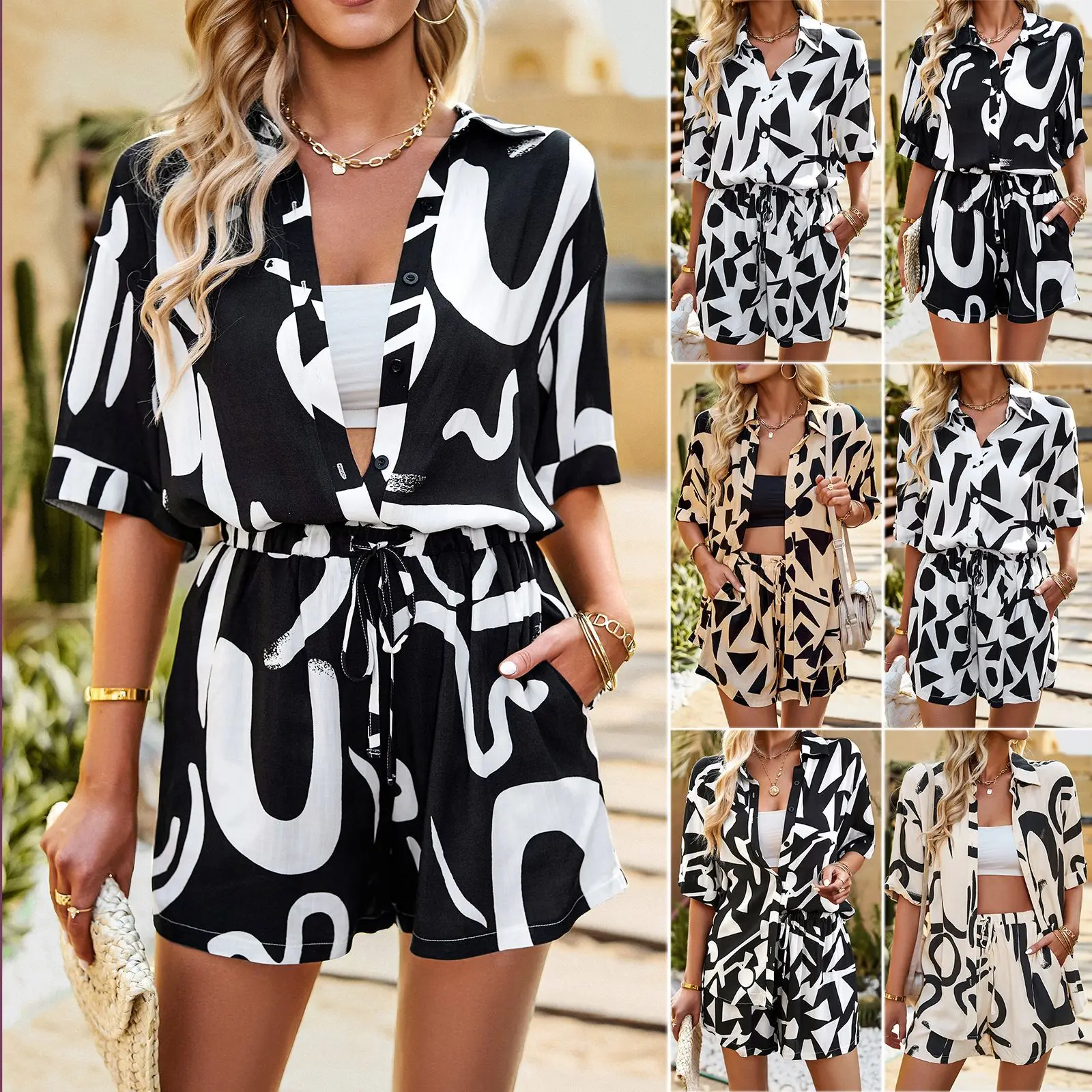 Summer Loose Casual Two-piece Women's Geometric Pattern Single Breasted Short Sleeved Shirt Top and Pocket Drawstring Shorts Set
Summer Loose Casual Two-piece Women's Geometric Pattern Single Breasted Short Sleeved Shirt Top and Pocket Drawstring Shorts Set