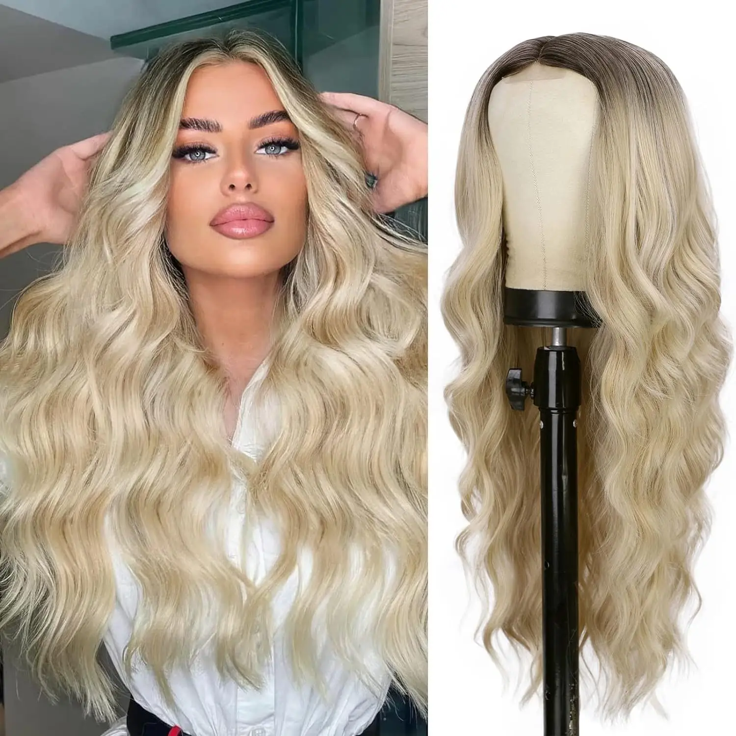 

Long Wavy Ombre Blonde Wig for Women, Synthetic Middle Part Wig, Natural Looking Wigs for Daily Use