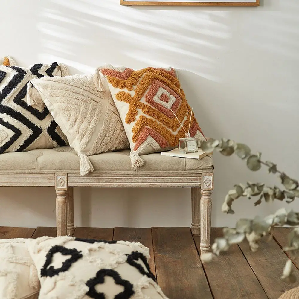 

Геометрическая Марокканская декоративная подушка для гостиной с кисточками для дивана в стиле бохо, наволочка для подушки, искусственная кожа, наволочки