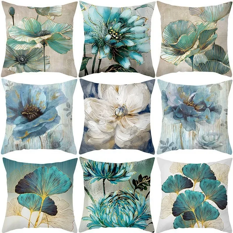 

45x45cm Oil Painting Flowers Decorative Pillowcase for Sofa Ginkgo Leaves Printed Polyester Cushion Cover Home Decor