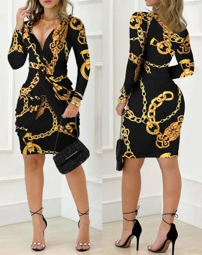 

Dresses for Women 2023 Vintage Plunge Long Sleeve Wedding Guest Baroque Chain Print Twist Detail Skinny Sexy Party Mini Dress