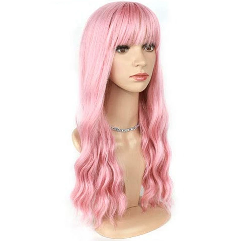 

Розовый парик с челкой, длинный волнистый парик с воздушной челкой, шелковистый, полностью термостойкий парик, сменный парик с естественным внешним видом, 2 шт.