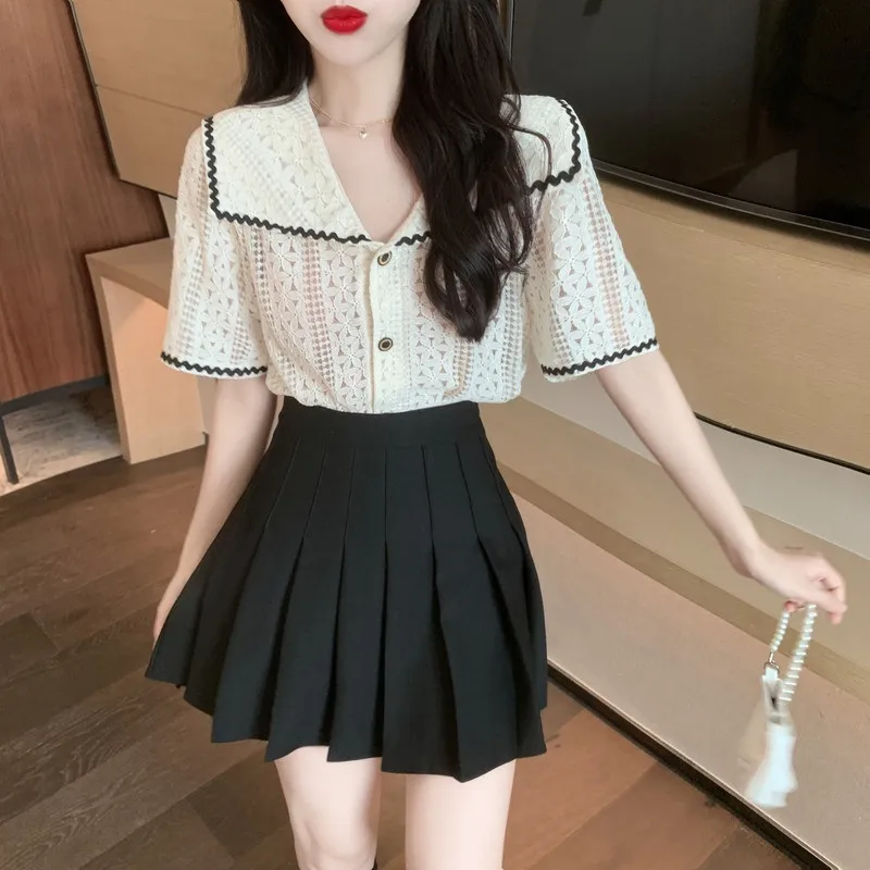 Summer Fashion 2 Piece Dress Sets Sweet Doll Collar Hollow Out Lace Shirt&High Waist Mini Pleated Skirt Chic Lady Sexy 2pc Suits
Summer Fashion 2 Piece Dress Sets Sweet Doll Collar Hollow Out Lace Shirt&High Waist Mini Pleated Skirt Chic Lady Sexy 2pc Suits