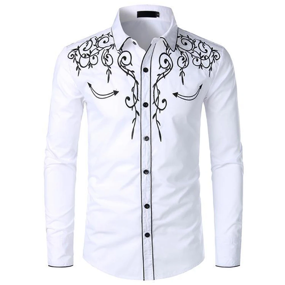 

Mens Shirt Casual Cotton Blend Decorative Pattern Embroidery Long Sleeve Regular Retro Slight Stretch Comfy Fashion