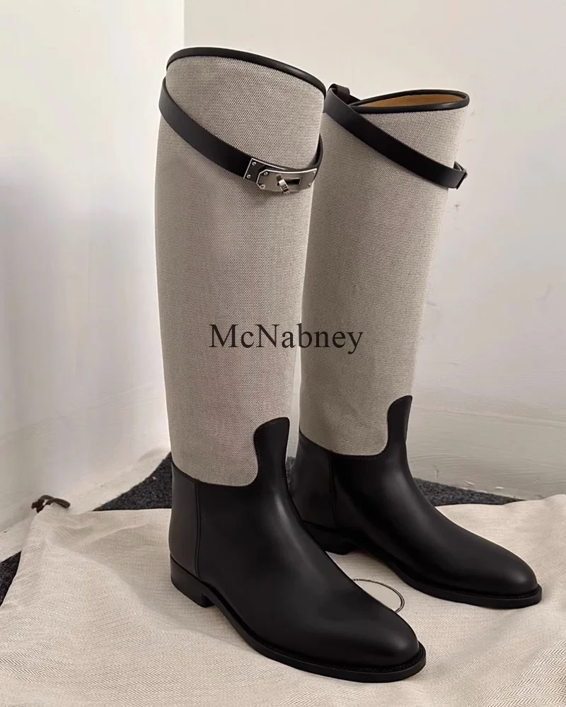 

Retro Western Style Patchwork Knee-High Women Boots With Belt Buckle Round Toe Chunky Middle Heel Side Zipper Design Knight Boot