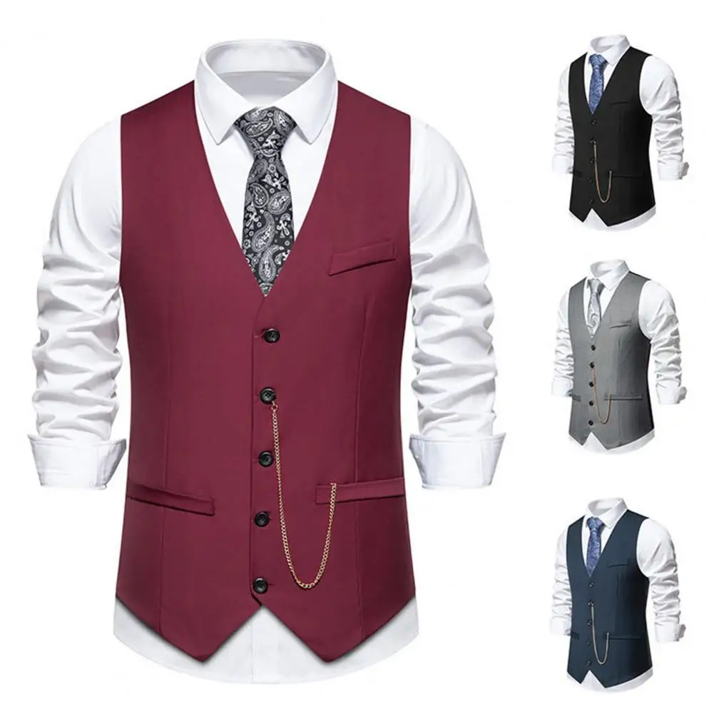 

Men Suit Vest Elegant Men's V-neck Waistcoat with Chain Detail for Wedding Party Slim Fit Suit Vest Coat Solid Color Vest