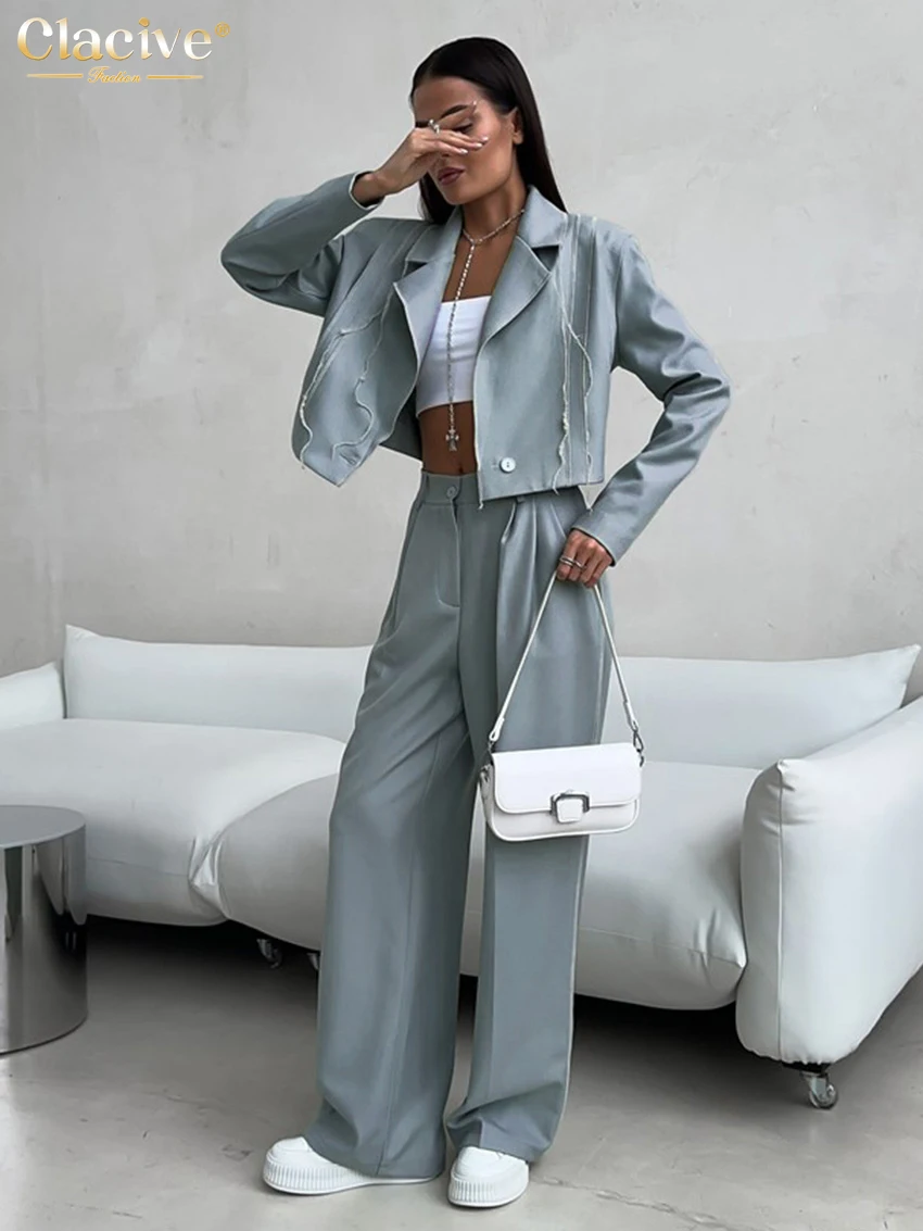 

Clacive Fashion Loose Green Trousers Set Woman 2 Pieces 2024 Elegant Long Sleeve Shirt With High Wiast Wide Pants Set Streetwear