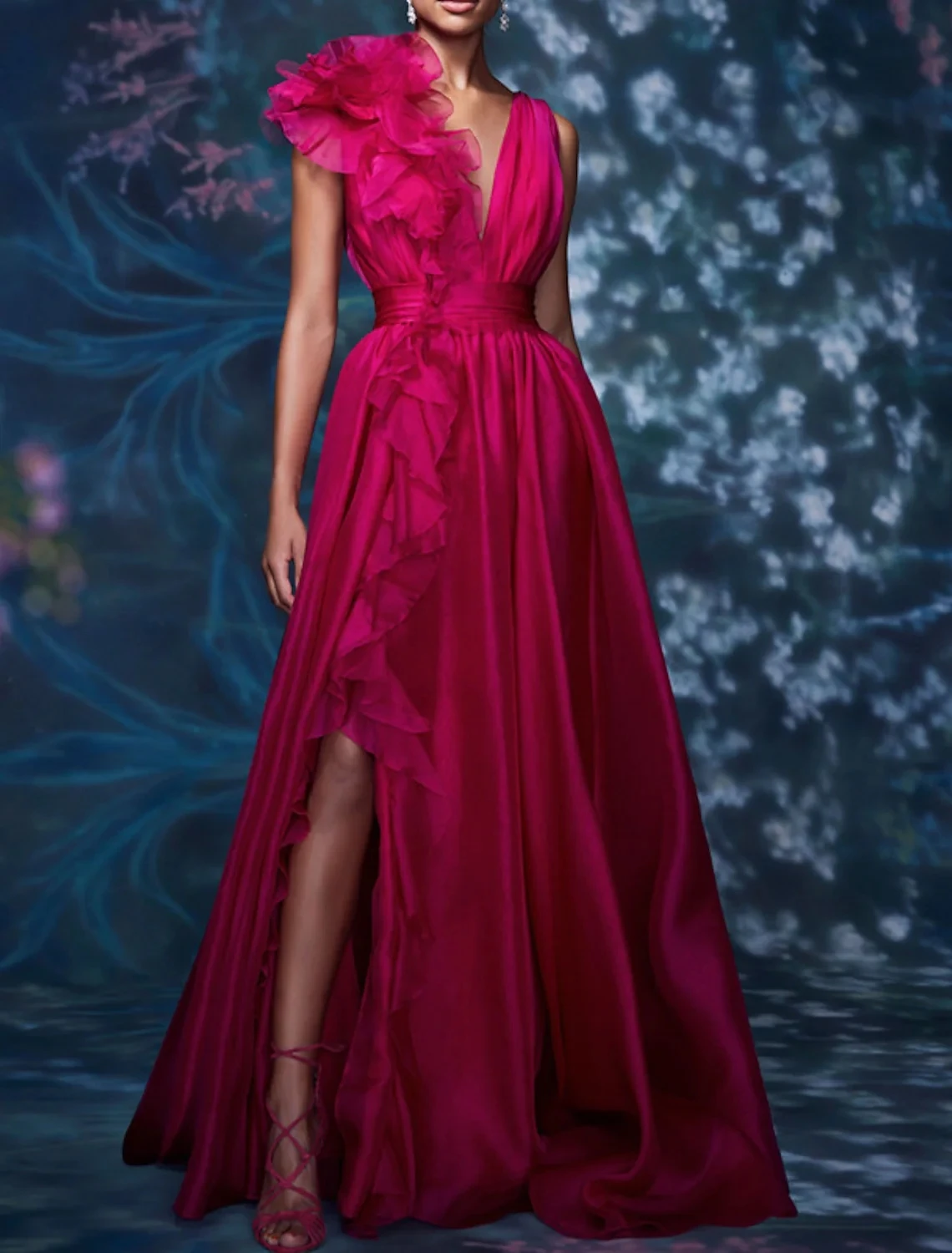 

Женское шифоновое вечернее платье, розовое платье-трапеция с V-образным вырезом, оборками и разрезом, платье в Звездном стиле для выпускного вечера, 2023