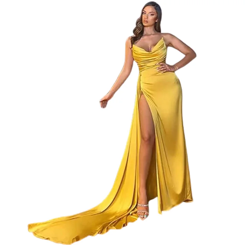 Yellow Sexy Mermaid Bridesmaid Dresses Long Satin High Split Pleated Floating Vestido De Festa Mulher Luxo Wedding Party Dress
Yellow Sexy Mermaid Bridesmaid Dresses Long Satin High Split Pleated Floating Vestido De Festa Mulher Luxo Wedding Party Dress