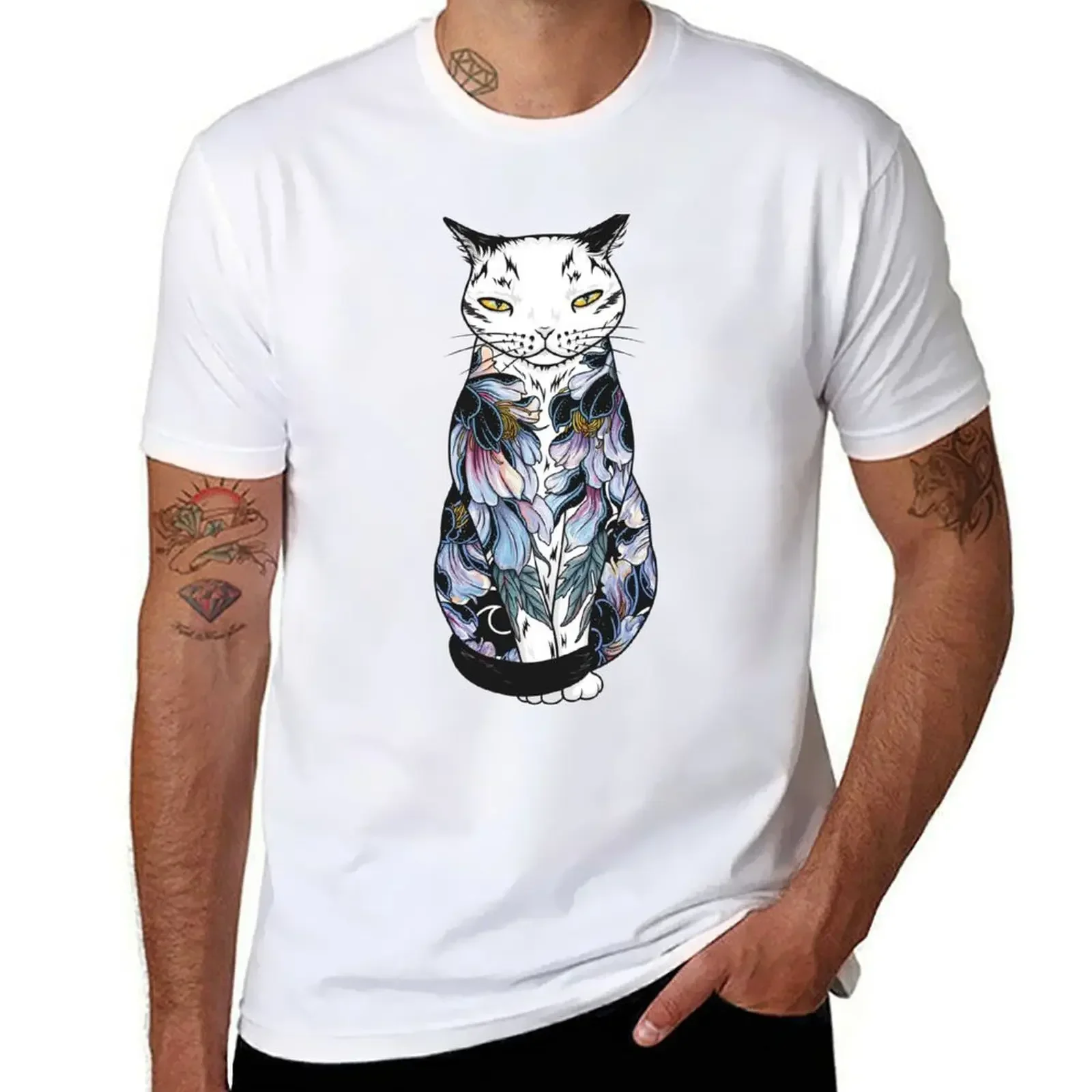 

Cat in cosmic black peonies tattoo T-shirt cute clothes quick drying Men's t-shirts