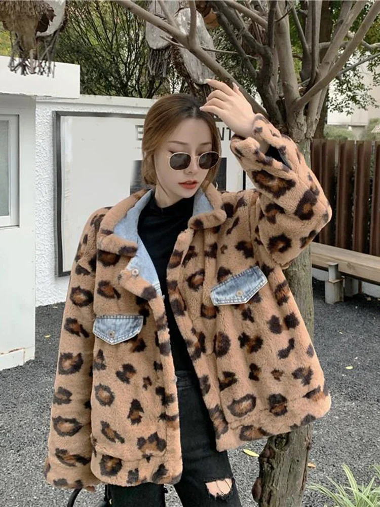 New Winter Thick Long Sleeve Design Jacket Streetwear Retro Leopard Double Sided Jacket Women Korean Faux Lamb Warm Denim Coat 
New Winter Thick Long Sleeve Design Jacket Streetwear Retro Leopard Double Sided Jacket Women Korean Faux Lamb Warm Denim Coat