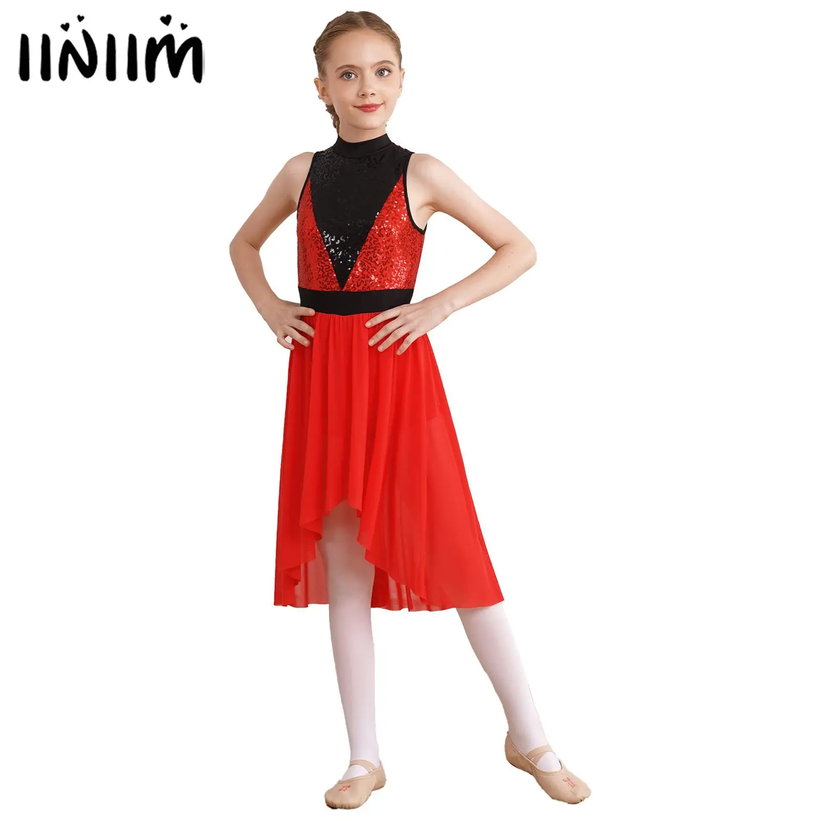 

Kids Girls Praise Lyrical Folk Ballet Dance Dress Sequin Contrast Bodice High-Low Mesh Skirt One-Piece Boyleg Jumpsuit Dress