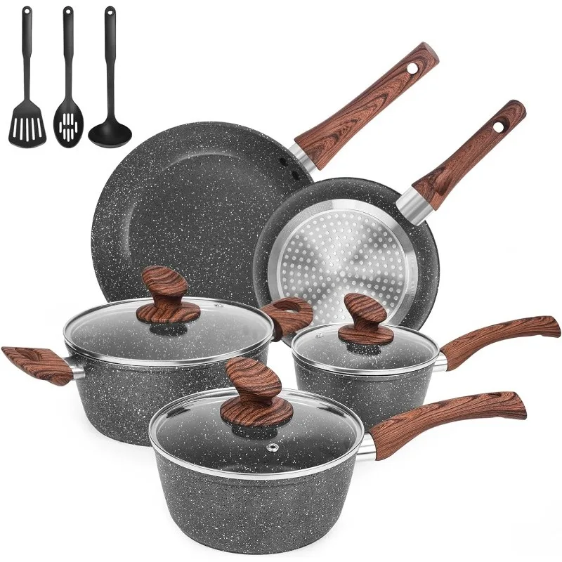 

Granite Pots and Pans Set Ultra Nonstick,11 Piece Die-Cast Cookware Sets with Frying Pan, Sauce Pan, Stockpot, Stay Cool Handle