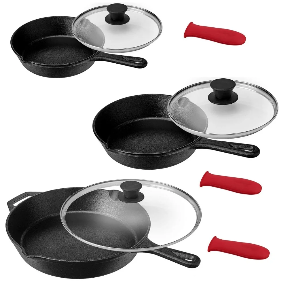 Pre-Seasoned 9 Piece Cast Iron Skillet Set with Lids and Red Silicone Holder,Kit De Cocina,Pots and Pans Set for Kitchen
Pre-Seasoned 9 Piece Cast Iron Skillet Set with Lids and Red Silicone Holder,Kit De Cocina,Pots and Pans Set for Kitchen