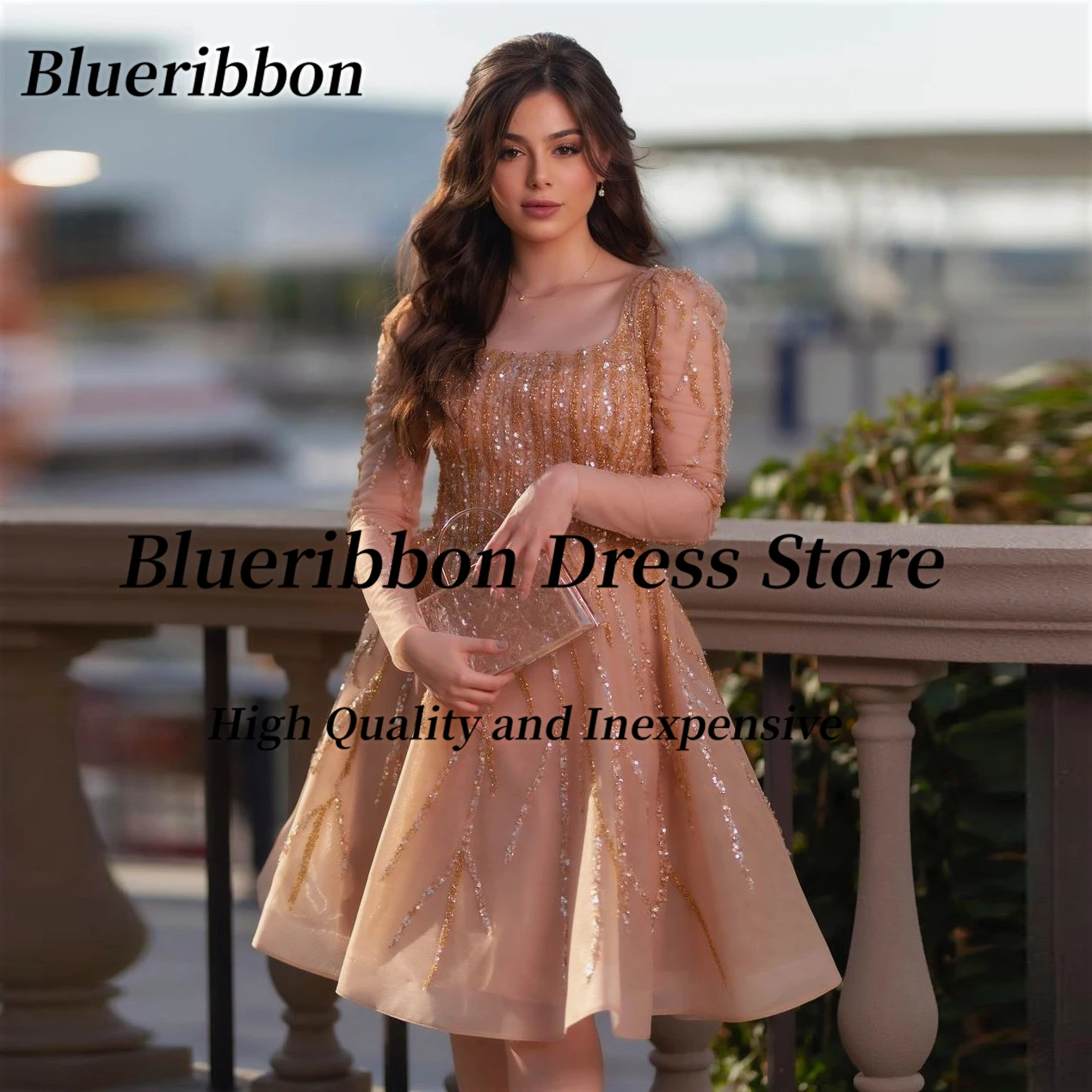 

Женское платье с блестками Blueribbon, выпускное платье с длинным рукавом и квадратным вырезом, ТРАПЕЦИЕВИДНОЕ короткое платье для выпускного вечера
