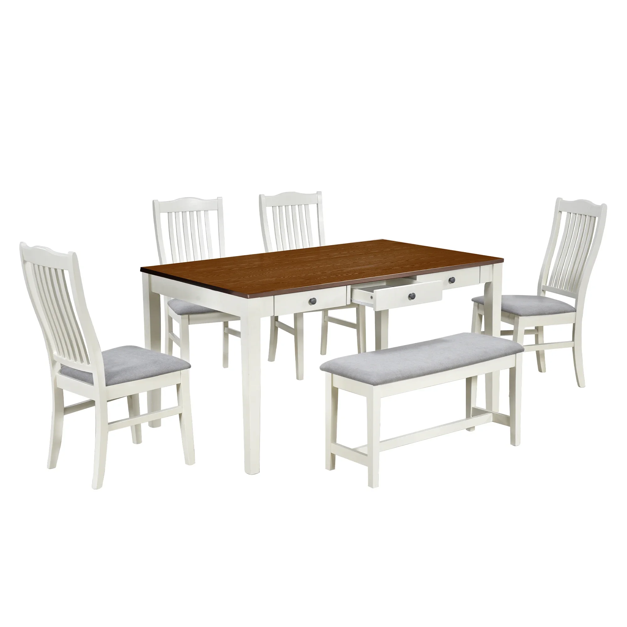 6-Piece Wood Dining Table Set, Kitchen Table Set with Drawer, Upholstered Chairs and Bench, Butter Milk
6-Piece Wood Dining Table Set, Kitchen Table Set with Drawer, Upholstered Chairs and Bench, Butter Milk