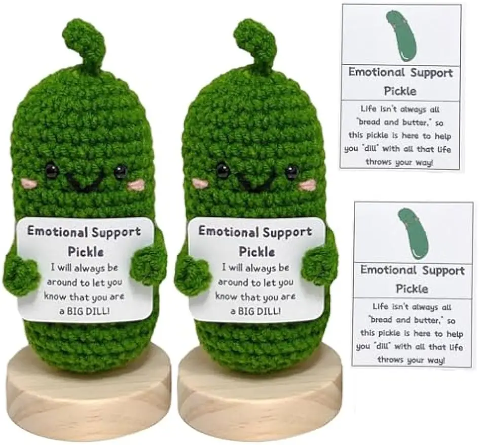 

Handmade Emotional Support Pickled Cucumber Gift, Cute Handwoven Ornaments, Handmade Crochet Emotional Support Pickles with Wood
