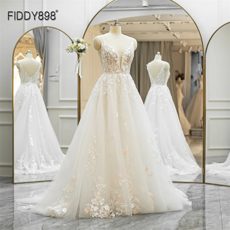 

FIDDY898 Spaghetti Strap V-neckline Wedding Dresses Beaded Lace with Color A-line Bridal Sequined Gowns Bridal QW01836