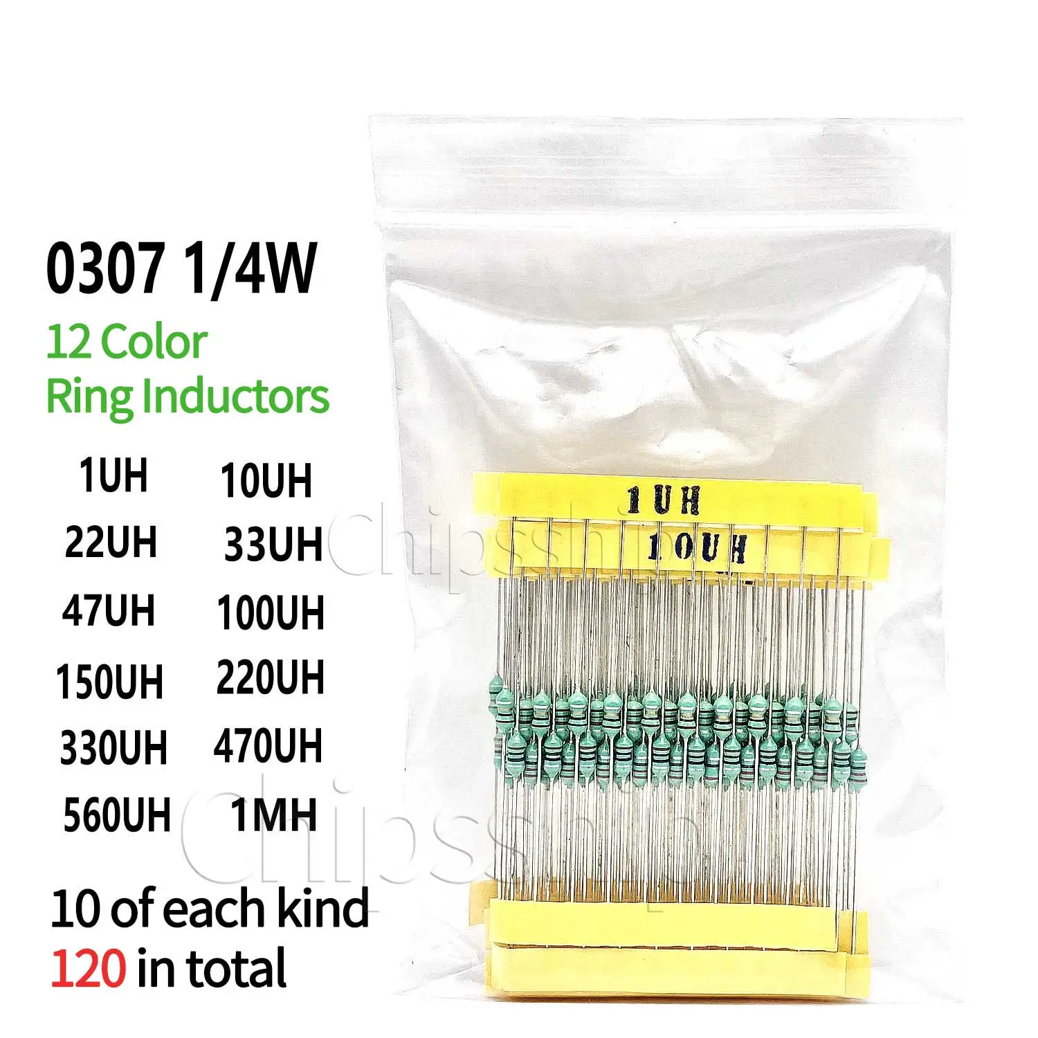 12 Kinds of 1/4W0307 Inductance 1UH-1MH Color Code Color Ring Inductor Sample Package of 10 Each, A Total of 120 a Package
12 Kinds of 1/4W0307 Inductance 1UH-1MH Color Code Color Ring Inductor Sample Package of 10 Each, A Total of 120 a Package