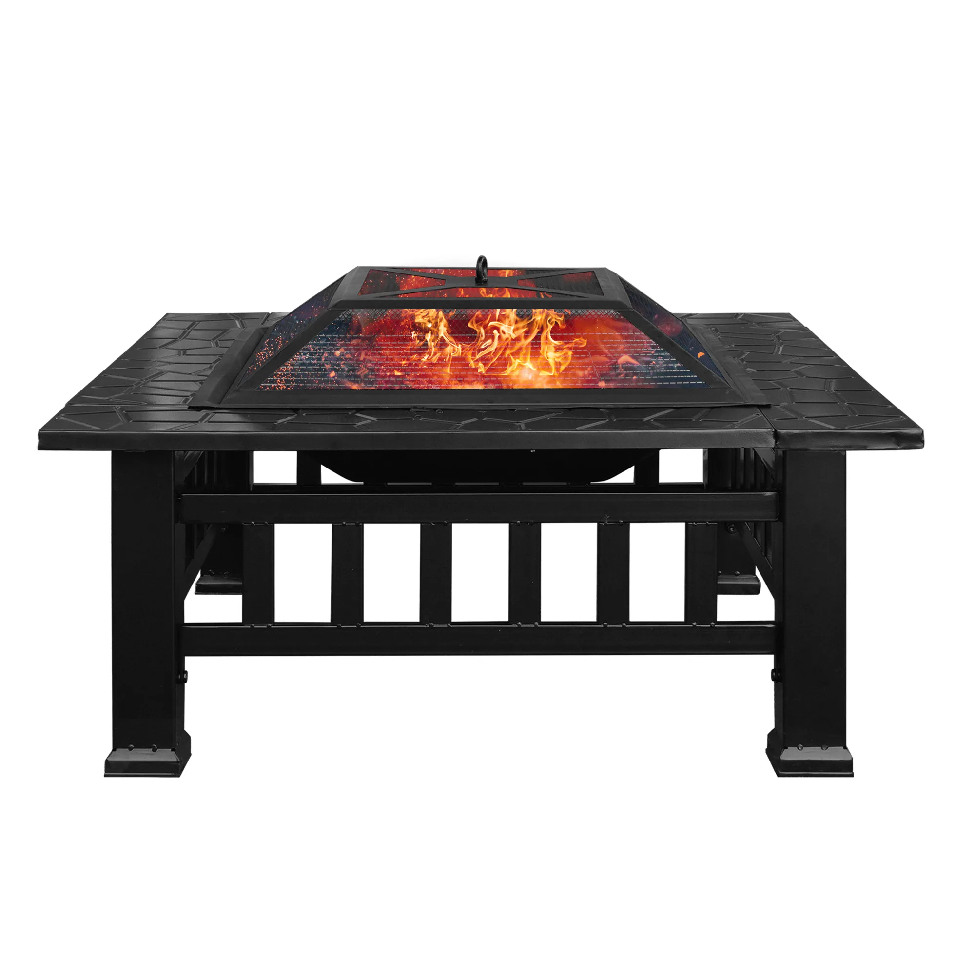 

Multifunctional Fire Pit Table 32in 3 in 1 Metal Square Patio Firepit Table BBQ Garden Stove with Spark Screen, Cover, Log Grate