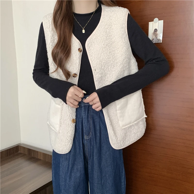 

Spring Autumn Warm Fleece Vests Women V Neck Sleeveless Soft Thick Waistcoat Korean Fashion Ladies Jacket Street Wear New 2022