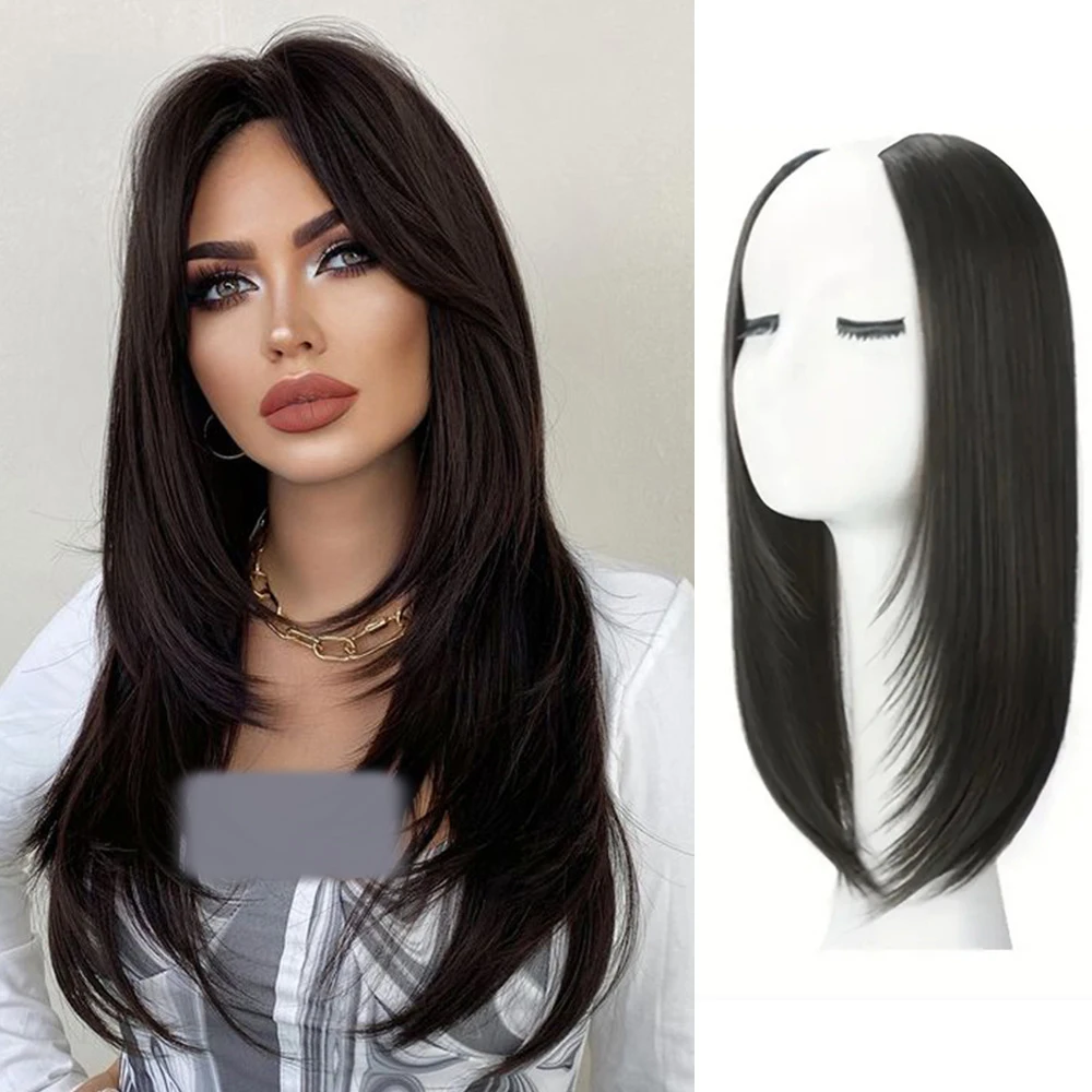 

40cm Invisible Seamless U-shape Clip-on Straight Wig Natural Fluffy One-piece Thickened Increase Long Hair Extension