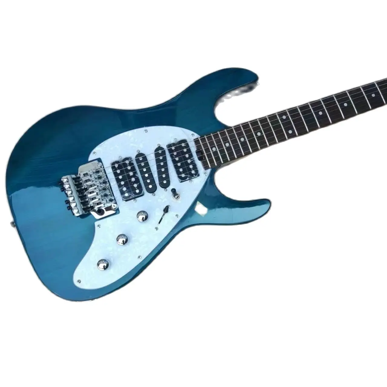 Customized new style, transparent blue electric guitar, HSSH pickup, white guard, rose wood fingerboard, high-quality, wholesale
Customized new style, transparent blue electric guitar, HSSH pickup, white guard, rose wood fingerboard, high-quality, wholesale