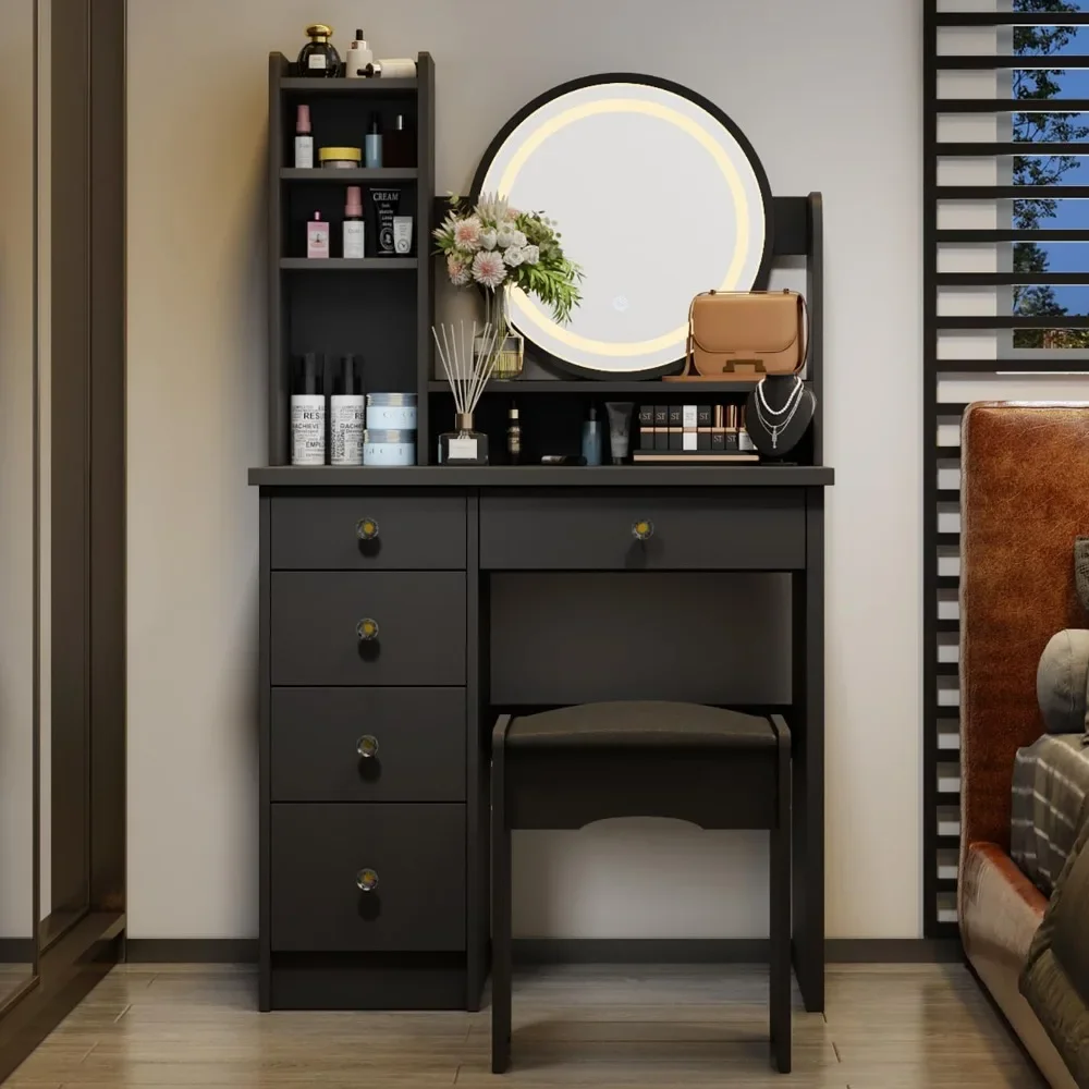 Dresser with Round Mirror, Dressing Table, Shelf, Dresser and Upholstered Stool Black Illuminated Mirror
Dresser with Round Mirror, Dressing Table, Shelf, Dresser and Upholstered Stool Black Illuminated Mirror
