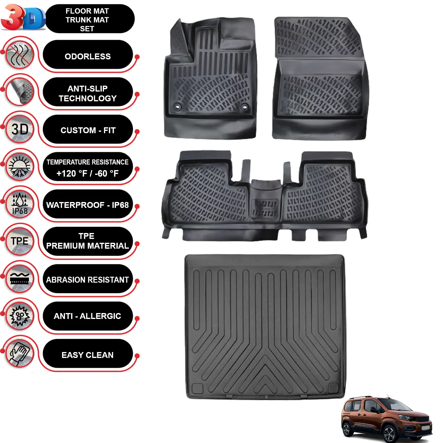Peugeot Rifter Skypack - (2019-2023) - Floor Mats + Cargo Trunk Liner - SET - (Black)
Peugeot Rifter Skypack - (2019-2023) - Floor Mats + Cargo Trunk Liner - SET - (Black)