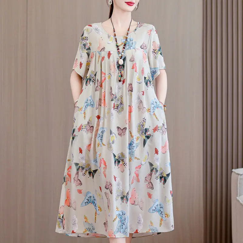 Sweet Fashionable Summer Printed Women's Round Neck Pocket Pleated Minimalist Comfortable Loose Fitting Short Sleeve Midi Dress
Sweet Fashionable Summer Printed Women's Round Neck Pocket Pleated Minimalist Comfortable Loose Fitting Short Sleeve Midi Dress