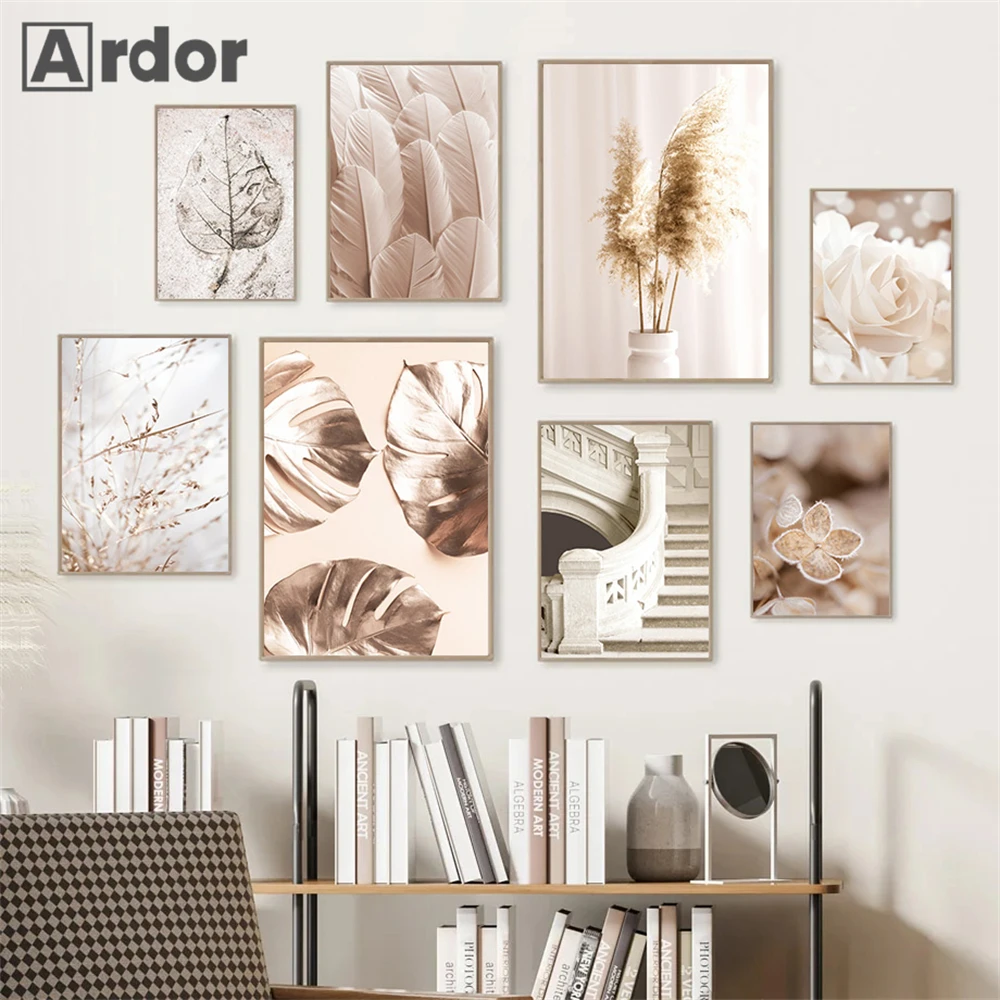 

Beige Flower Reed Feather Wall Art Poster Canvas Painting Plant Leaf Print Pictures Nordic Wall Posters Living Room Home Decor