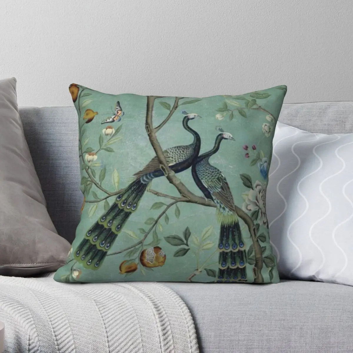 

Two Birds Chinoiserie Teal Square Pillowcase Polyester Linen Velvet Pattern Zip Decorative Throw Pillow Case Home Cushion Cover