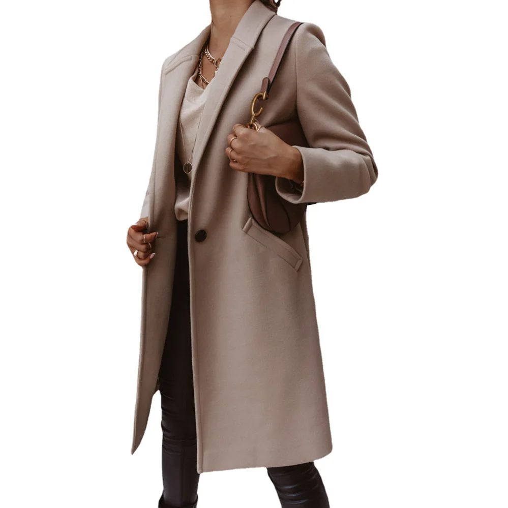 

Women's Fashion Casual Blends Autumn Winter Solid Lapels Long Button Coat Women Pocket Coats Wool Blend Street Wear Jackets