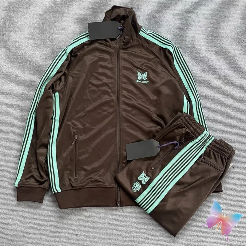 

1:1 Quality Needles Jacket High Street Men Women Tracksuit Embroidered Butterfly Side Stripes Zipper Coat Casual Loose Pants