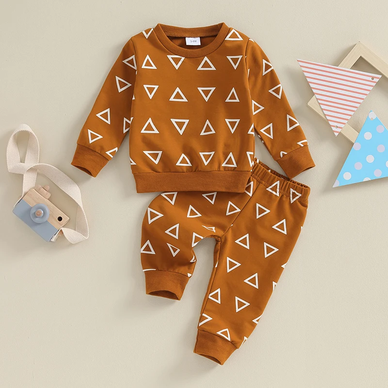 

2023-09-05 Lioraitiin 0-3Y Toddler Kid Boys Clothes Sets Long Sleeve Geometric Triangle Print Tops and Pants Sets
