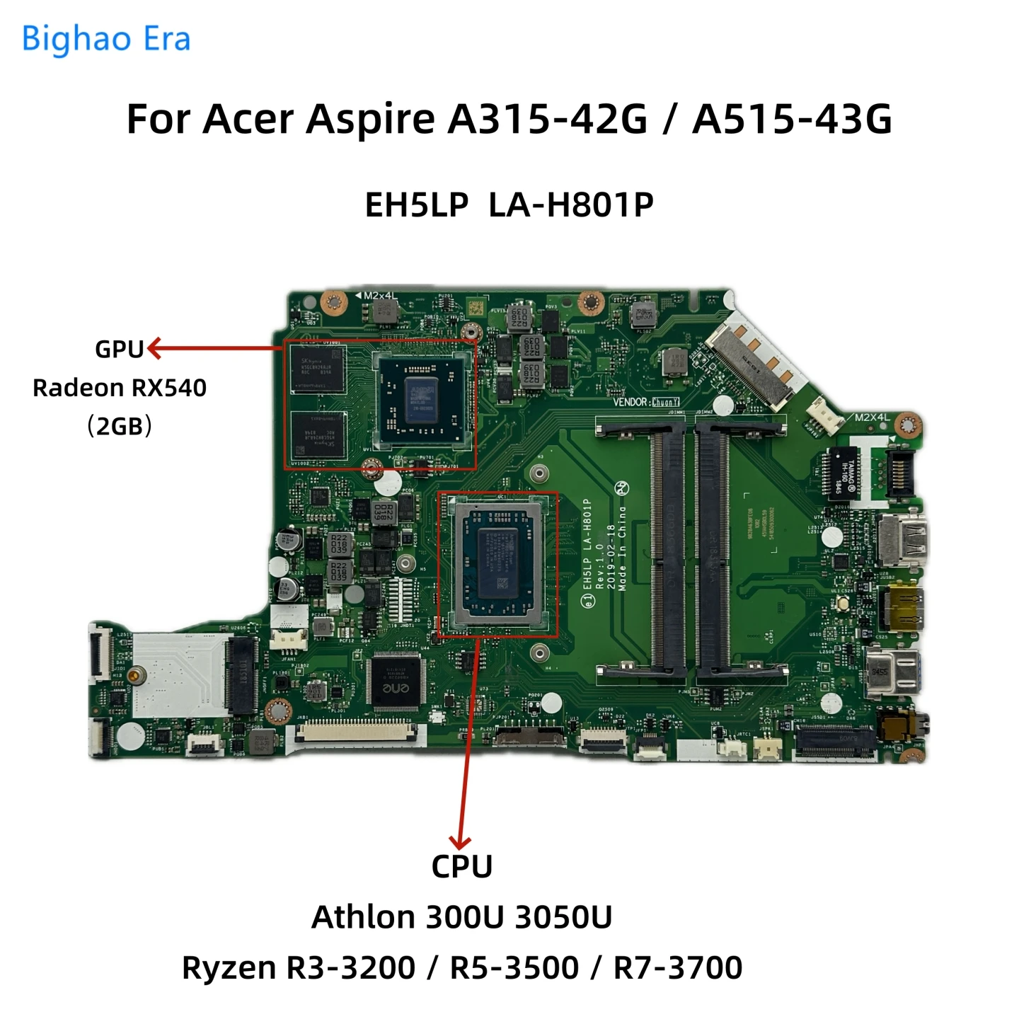 

EH5LP LA-H801P For Acer Aspire A315-42G A515-43G Laptop Motherboard With Athlon 300U R3 R5-3500 R7-3700 CPU RX540 2GB-GPU DDR4