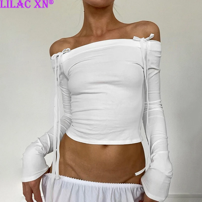 

Y2K White Long Sleeve Off Shoulder Lace-up T-Shirt for Women Sexy Bowknot Straps Slash Neck Corset Crop Tops Fashion Basic Tees