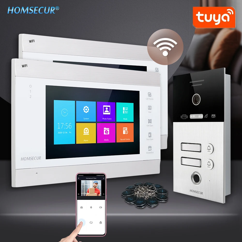 

HOMSECUR WIFI Tuya 4 Core 7" Video DoorPhone Intercom System Flush Mount Doorbell Camera IP65 Fingerprint RFID Access for 2 Flat