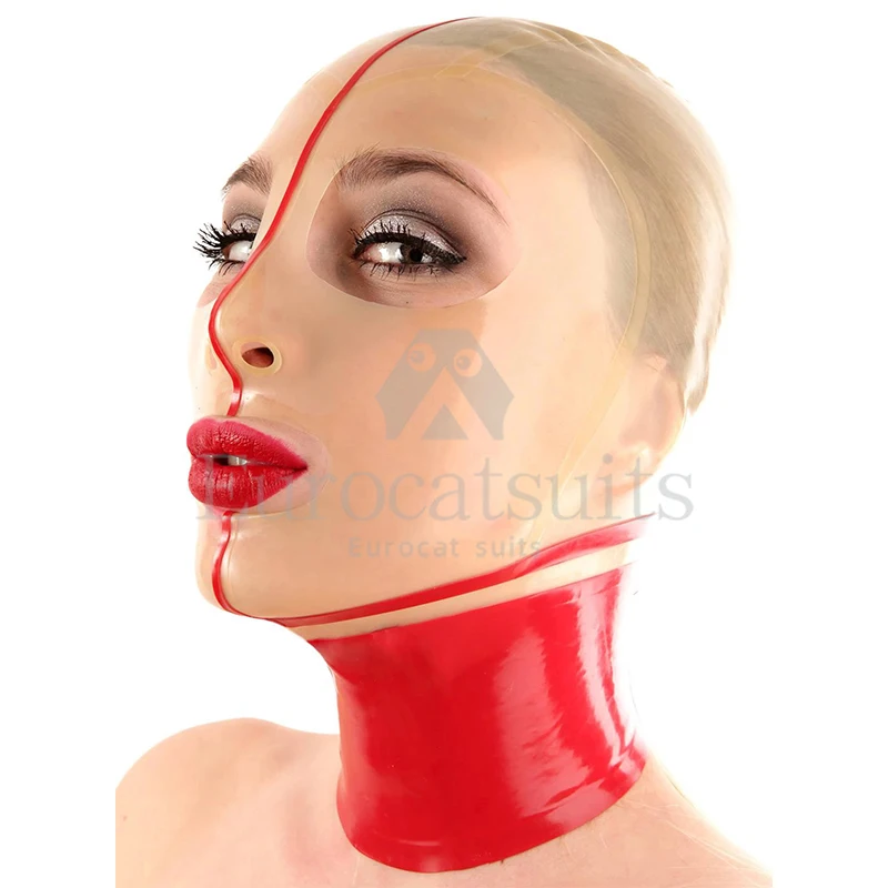 

Latex Hood Open Eyes and Mouth Red with Transparent Rubber Mask for Women Club Wear Halloween Cosplay Costume