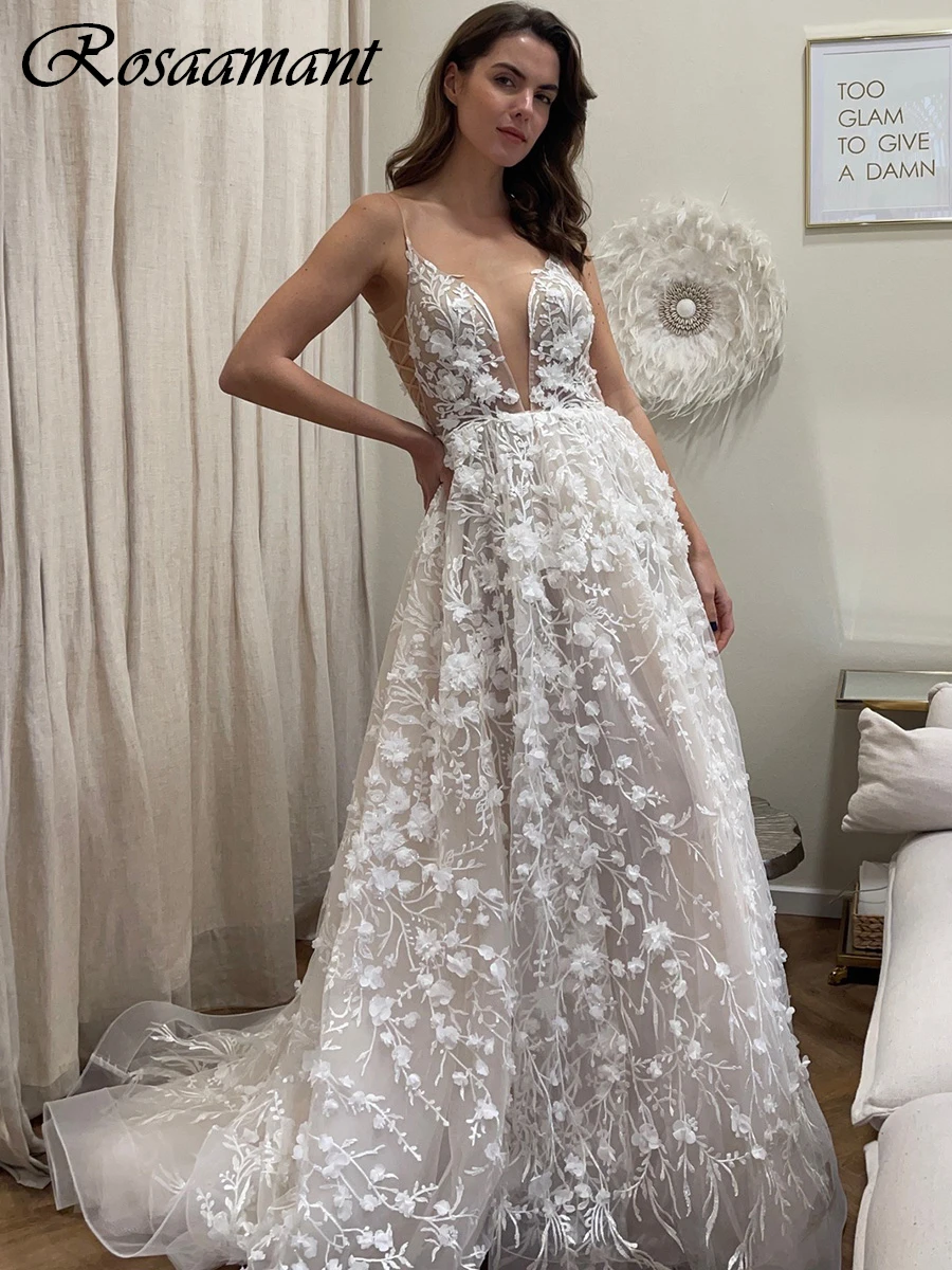 Gorgeous V-Neck Backless 3D Flowers A-Line Wedding Dresses Spaghetti Straps Illusion Appliques Lace Bridal Gowns Robe De Mariée
Gorgeous V-Neck Backless 3D Flowers A-Line Wedding Dresses Spaghetti Straps Illusion Appliques Lace Bridal Gowns Robe De Mariée