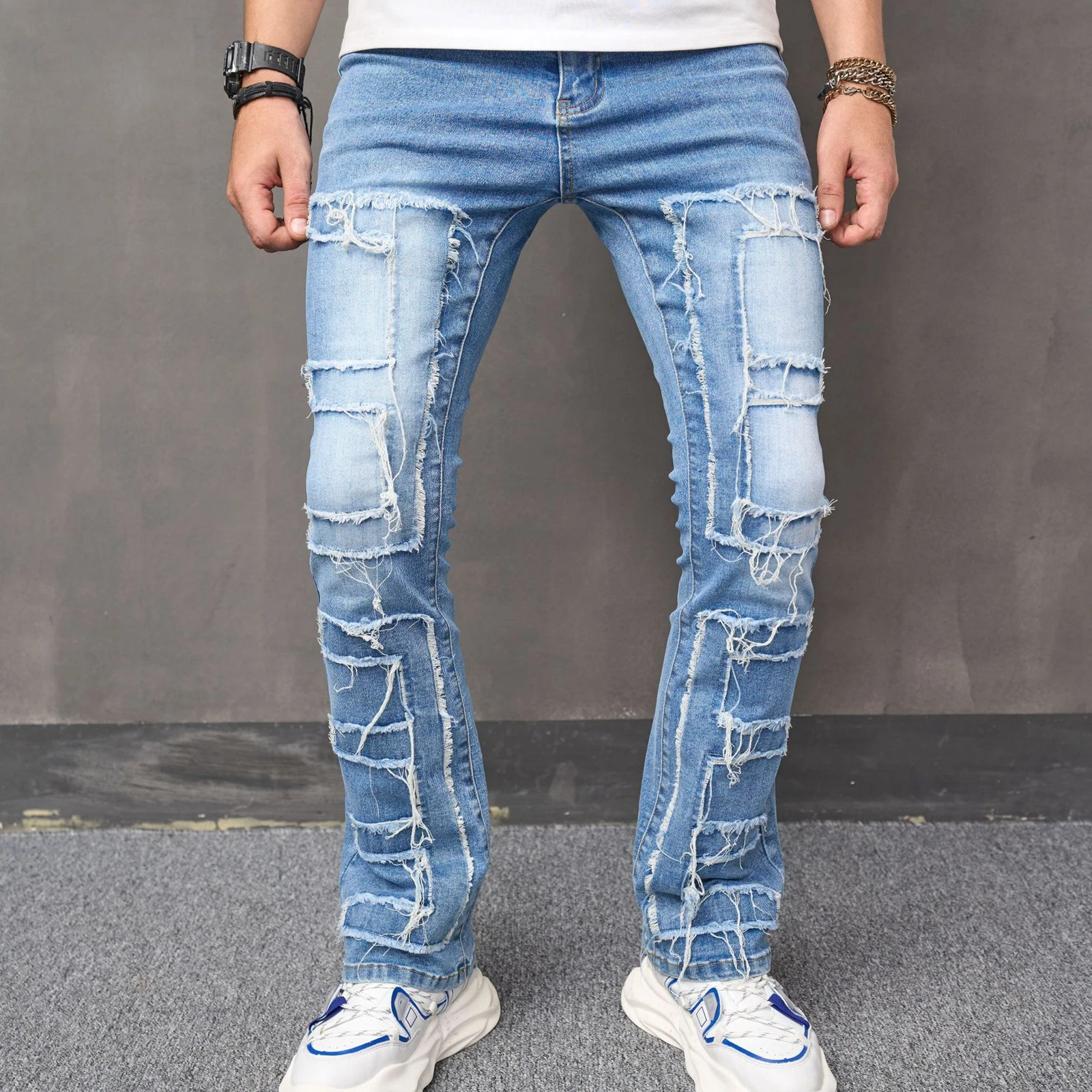 

Men's Retro Slim Jeans Mid-Rise Distressed Destroyed Tapered Leg Denim Long Pants Streetwear