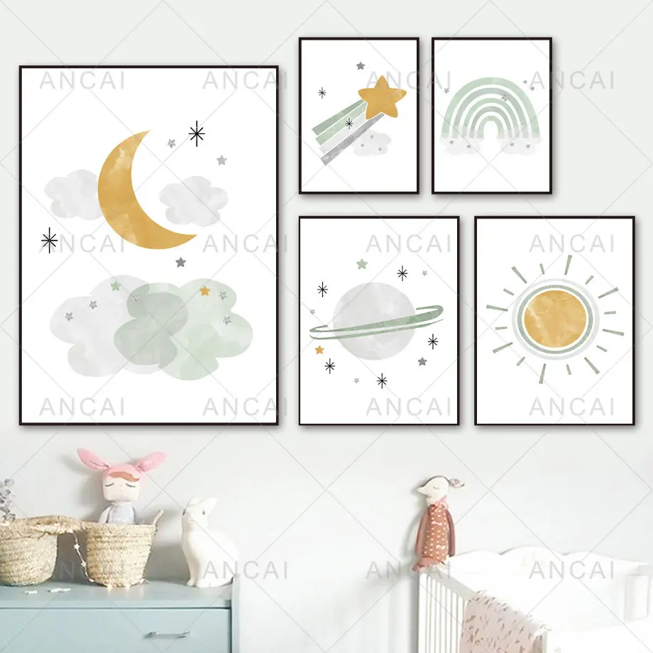 

Space Rocket Planet Stars Moon Rainbow Nordic Poster Print Nursery Wall Art Canvas Painting Wall Pictures Child Room Decoration
