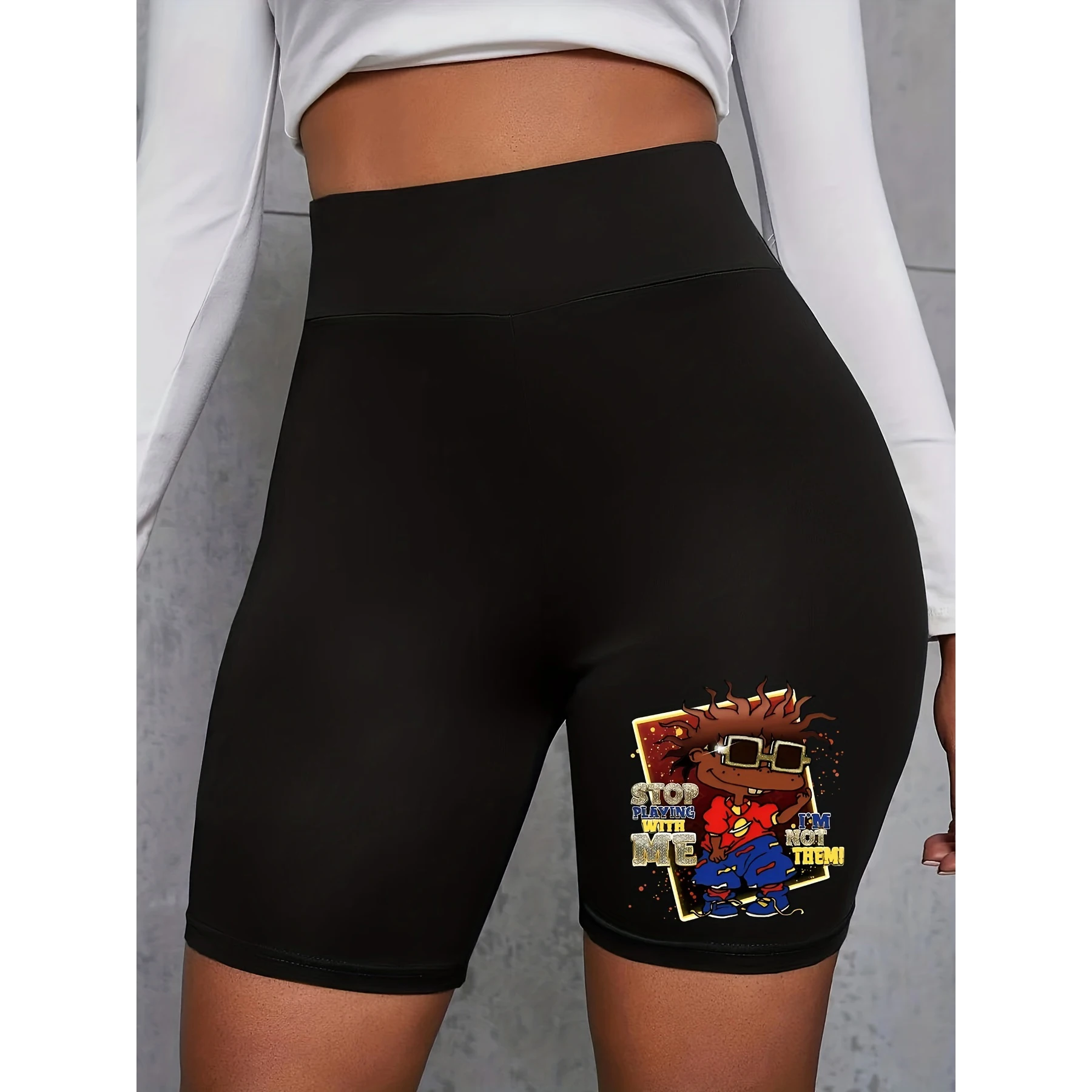 

Plus Size Casual Yoga Shorts, Women's Plus Cartoon Figure Print High Rise Slight Stretch Biker Leggings