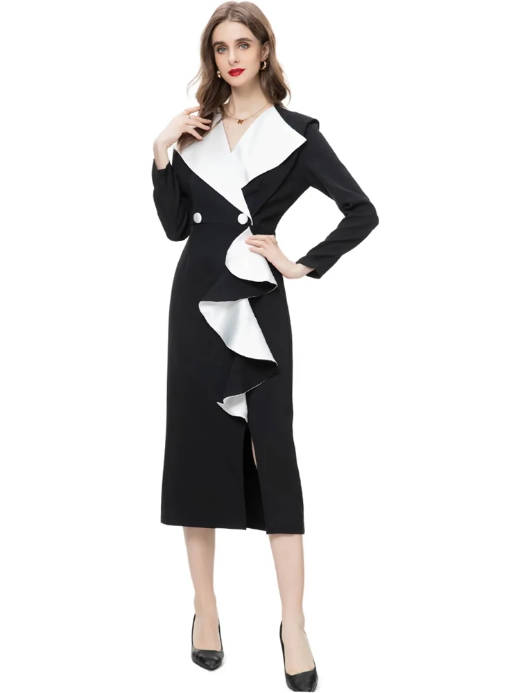 VERDEJULIAY Office Ladies Elegant Dress Design Fashion White Black Contrast Color Turn-Down Collar Ruffles Split High Waist
VERDEJULIAY Office Ladies Elegant Dress Design Fashion White Black Contrast Color Turn-Down Collar Ruffles Split High Waist