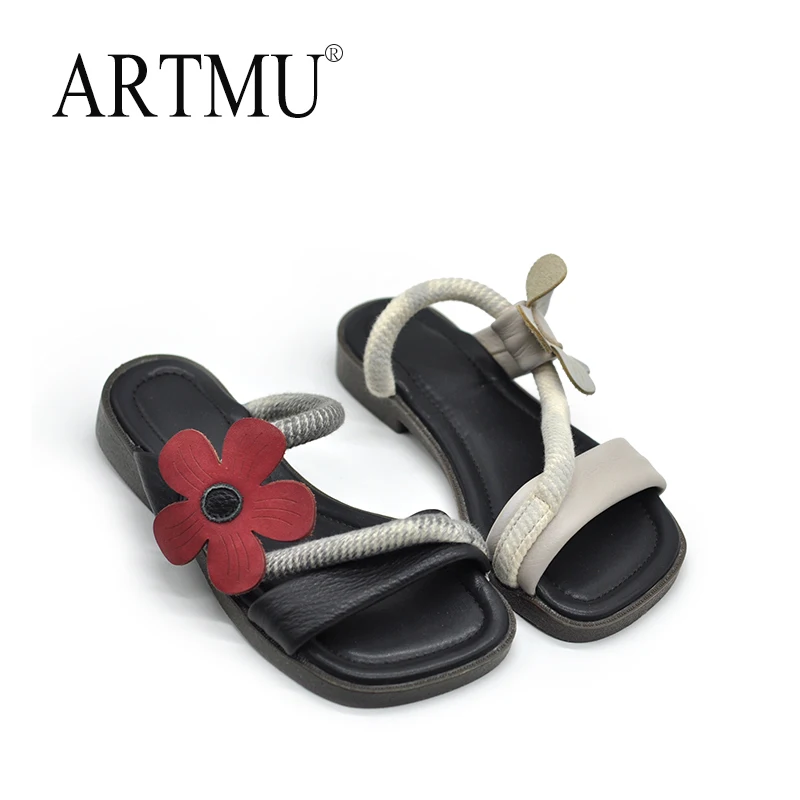 

Artmu Genuine Leather Original Flowers Women Sandals Luxury Low Heel Sliders Summer Sandals Soft Soles Slippers Ladies Sandalias