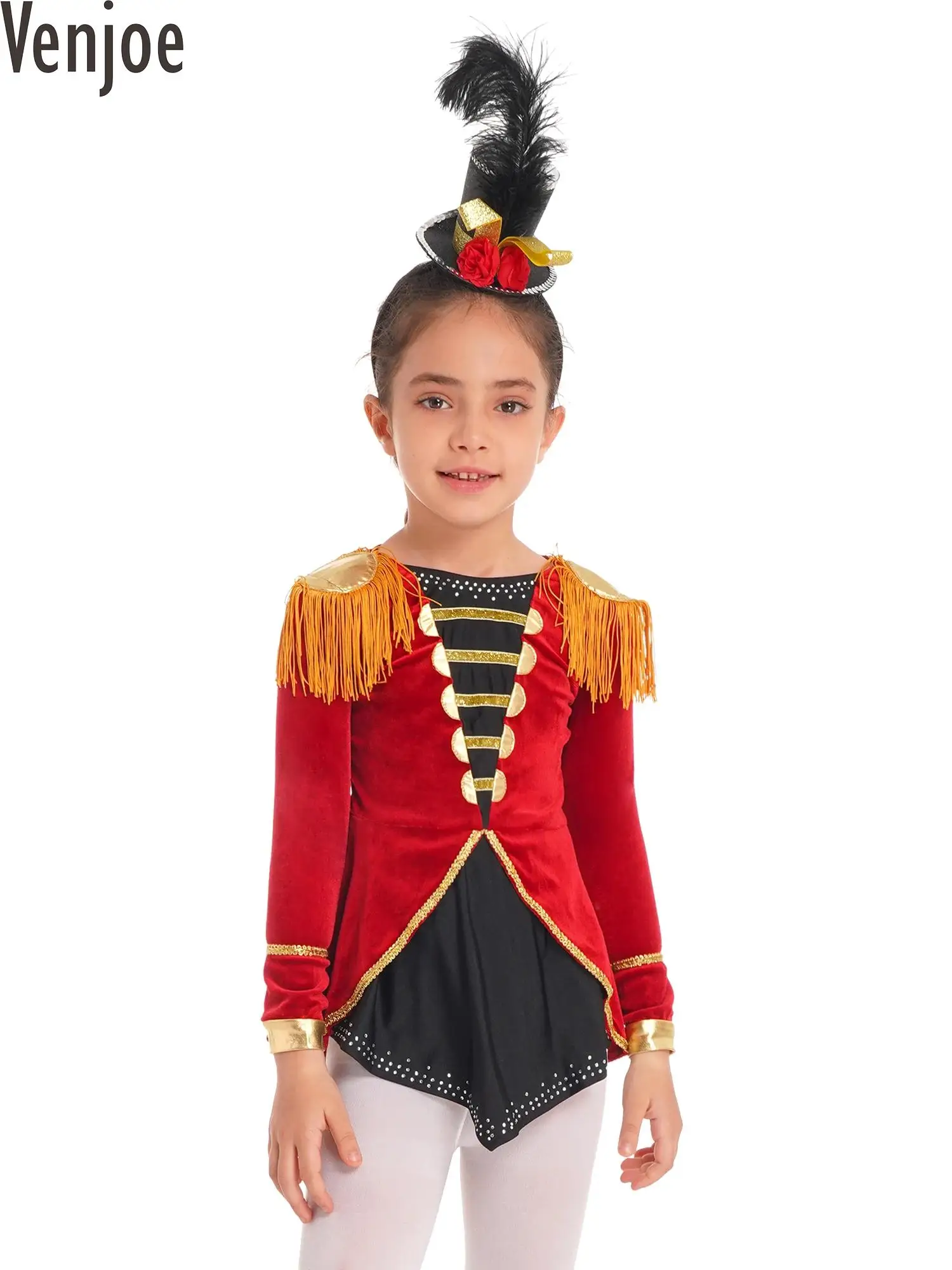 

Red Kids Girls Circus Ringmaster Cosplay Costume Long Sleeves Tassels Jumpsuit Christmas Carnival Party Fancy Dress Bodysuit