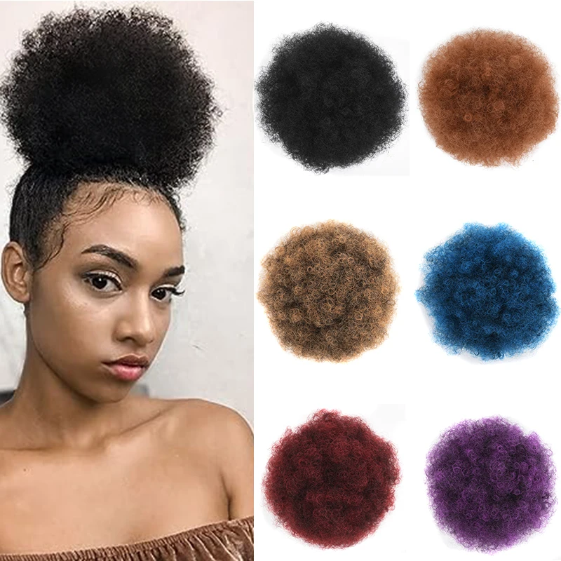 

8inch Short Afro Kinky Curly Hair Bun Drawstring Ponytail for Women Black Synthetic Curly Chigono Hairpiece Clip in Pony Tail