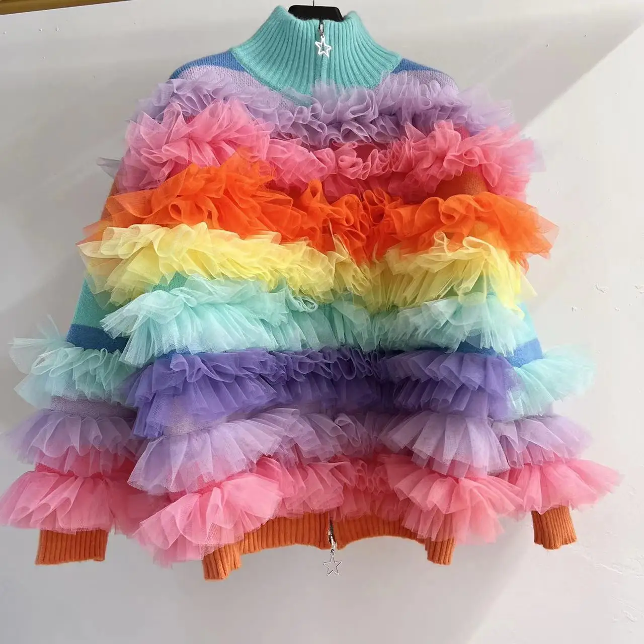 

Chic Rainbow Striped Contrast Color Mesh Spliced Sweater Coat Gauze Patchwork Ruffles Cardigan Ruched Knitwear Jumpers Crop Tops